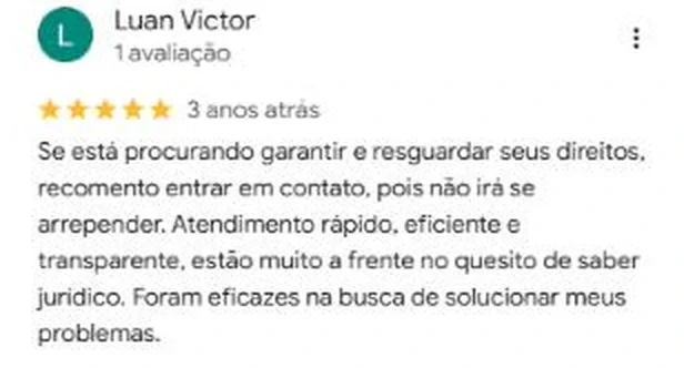 Avaliação de 5 estrelas de Luan Victor no Google, elogiando o atendimento rápido, eficiente e transparente.