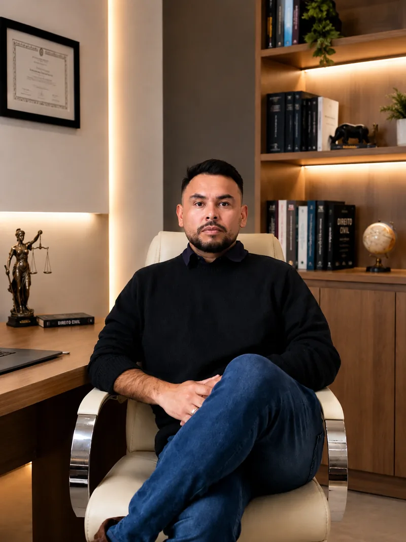 Rafael Carvalho, advogado, sentado em seu escritório, com estante de livros jurídicos ao fundo
